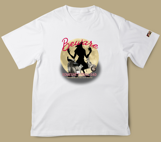 White t-shirt with graphic design featuring a silhouette and text on a beige background