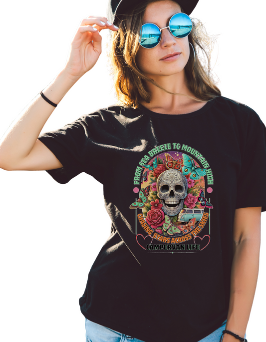 Campervan Life T-Shirt – Gothic Boho Skull & Butterflies T-shirt – Van life T-shirt for Travelers –– Festival Hippie Vibe