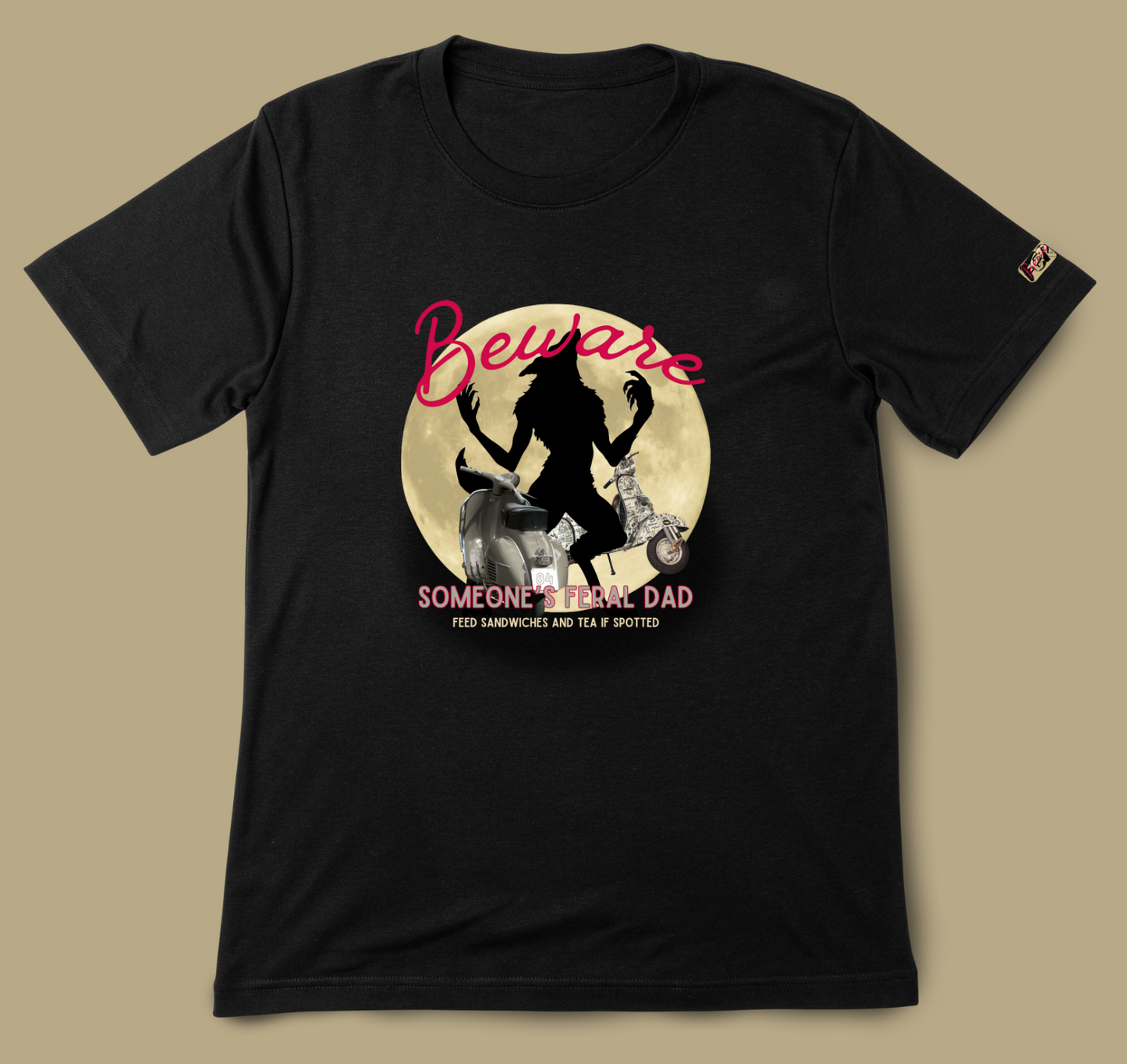 Black t-shirt with graphic design and text on a beige background