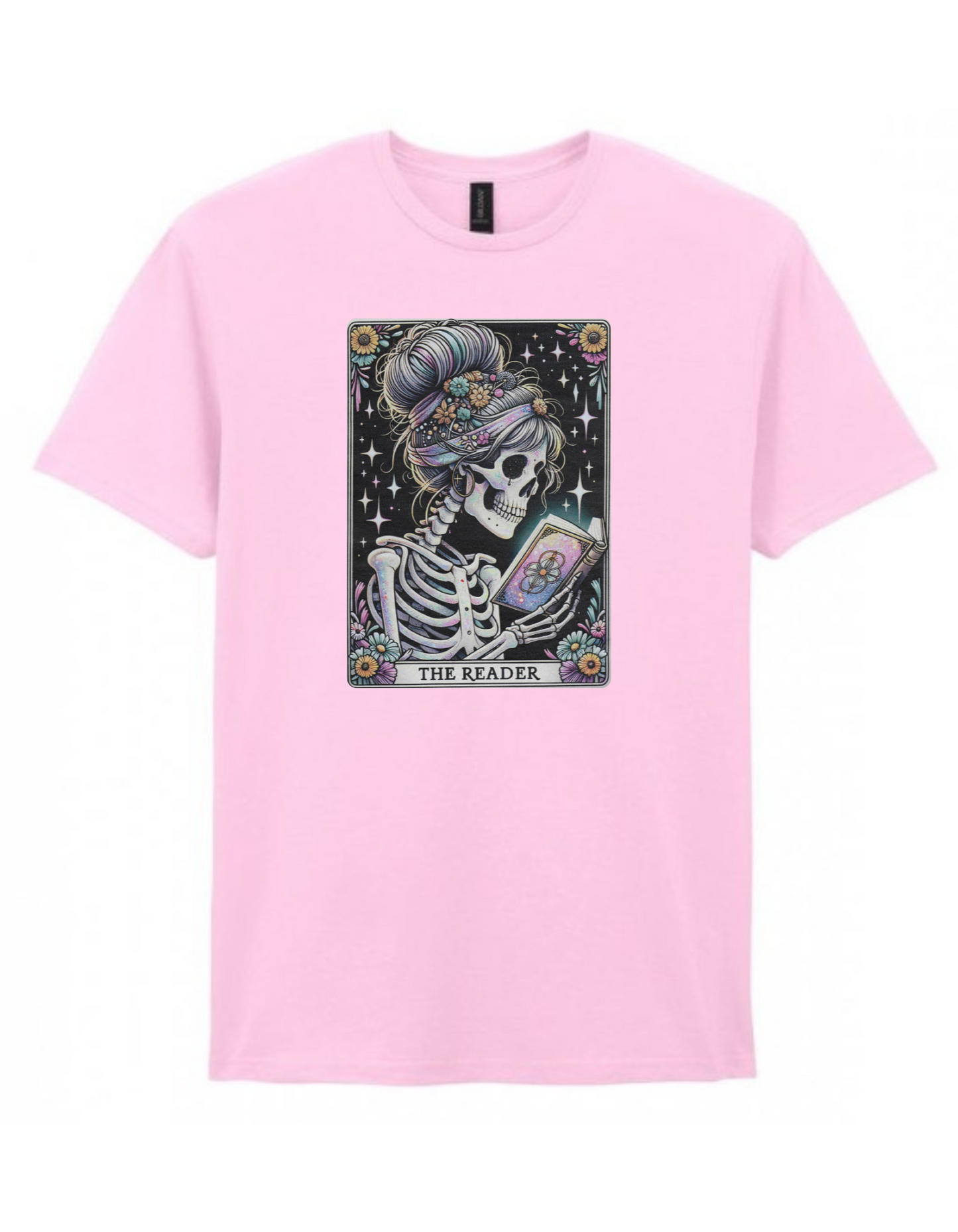 The Reader – Pastel Tarot Skeleton Tee | Gothic Floral Book Lover T-Shirt