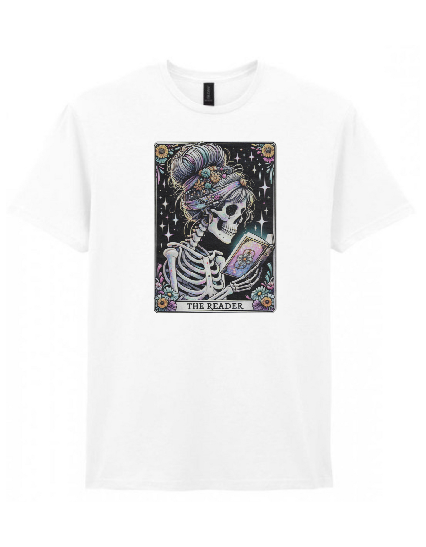 The Reader – Pastel Tarot Skeleton Tee | Gothic Floral Book Lover T-Shirt