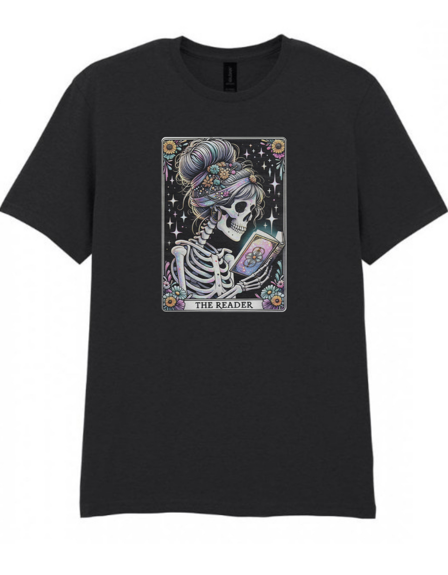 The Reader – Pastel Tarot Skeleton Tee | Gothic Floral Book Lover T-Shirt