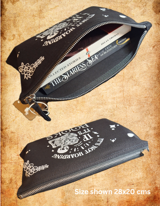 "It’s Not Hoarding If It’s Books" Gothic Book Lover Skeleton Accessory Bag – Canvas Pouch