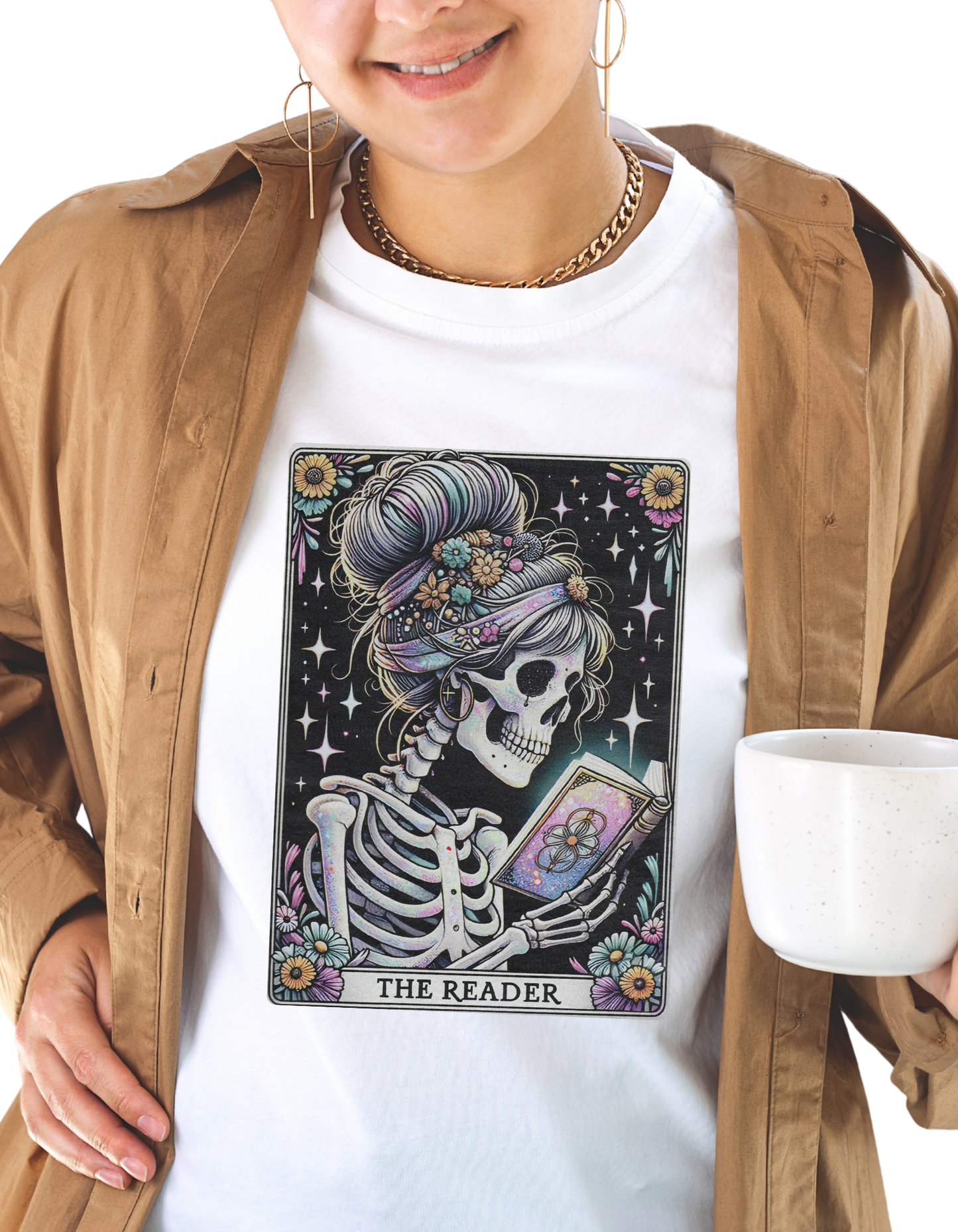 The Reader – Pastel Tarot Skeleton Tee | Gothic Floral Book Lover T-Shirt