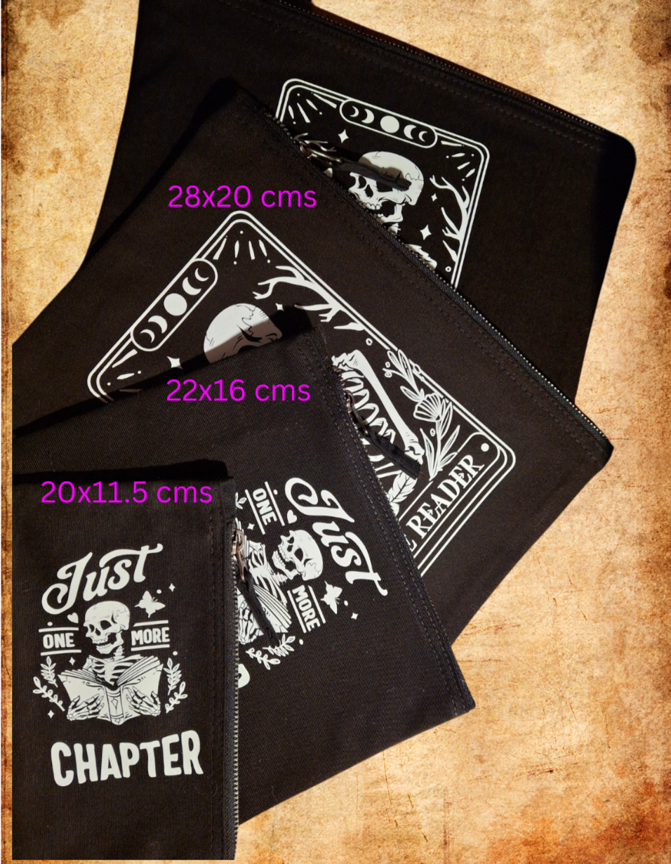 "It’s Not Hoarding If It’s Books" Gothic Book Lover Skeleton Accessory Bag – Canvas Pouch