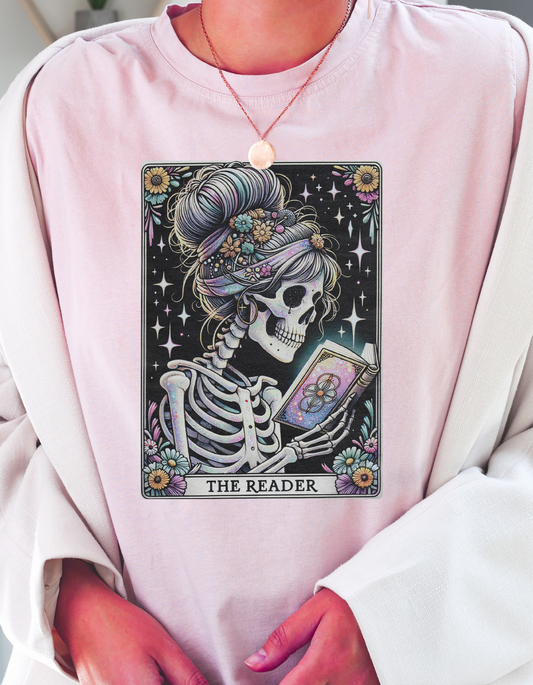 The Reader – Pastel Tarot Skeleton Tee | Gothic Floral Book Lover T-Shirt