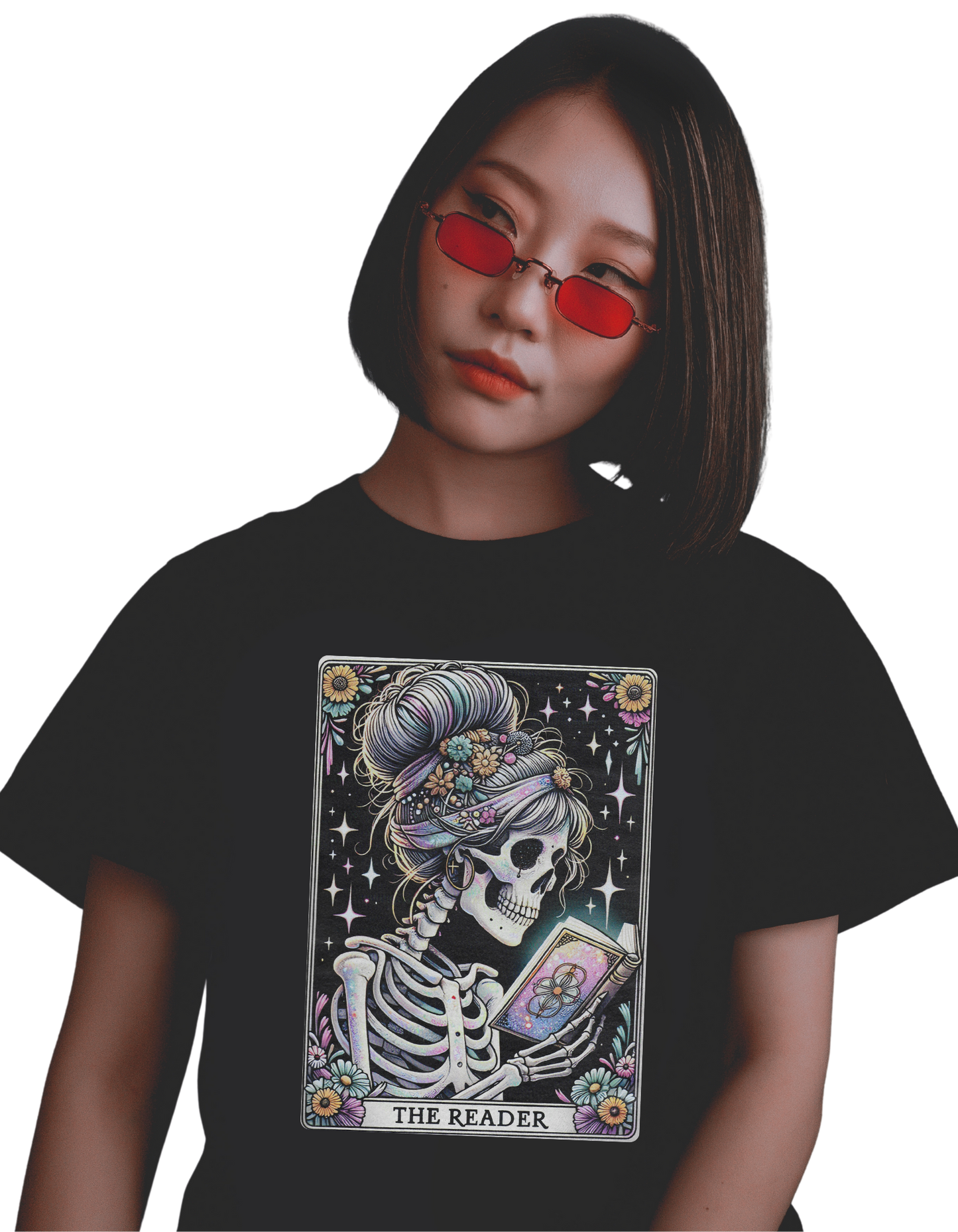 The Reader – Pastel Tarot Skeleton Tee | Gothic Floral Book Lover T-Shirt