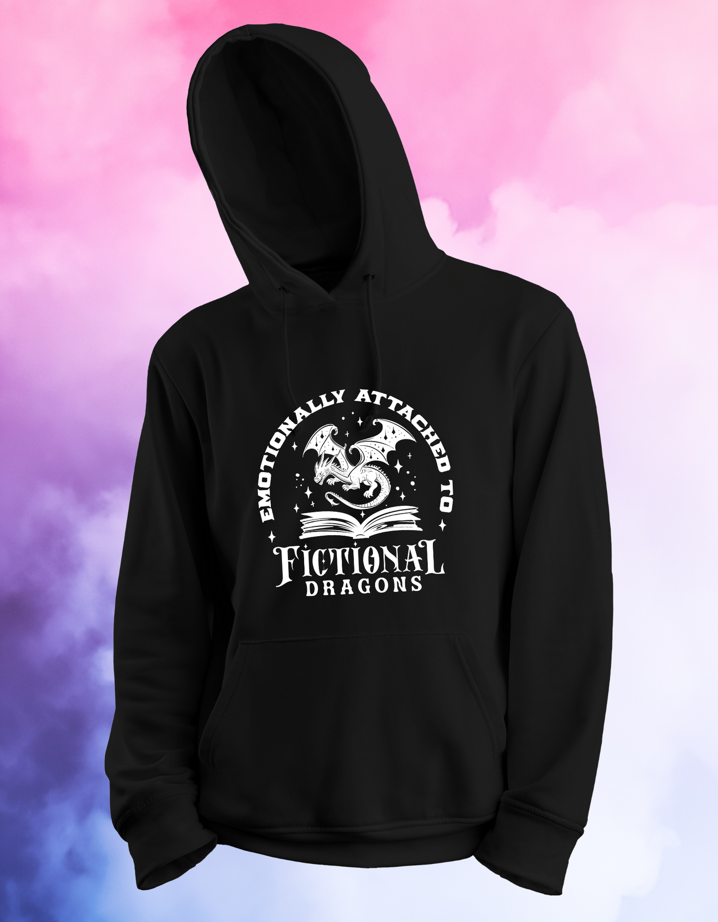Emotionally Attached to Fictional Dragons Hoodie – Fantasy Book Lover Gift – Black Gothic Hoodie for Readers – Cosy Unisex Bookish Sweatshirt