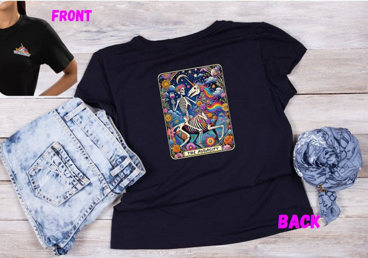 The Audacity | 100% Softstyle Cotton Tee | Skeleton & Unicorn Cosmic Tarot