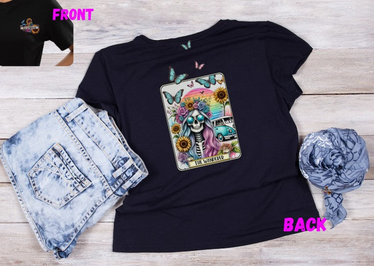 The Wanderer | 100% Softstyle Cotton T-shirt | Boho Skeleton & Van Tarot Art