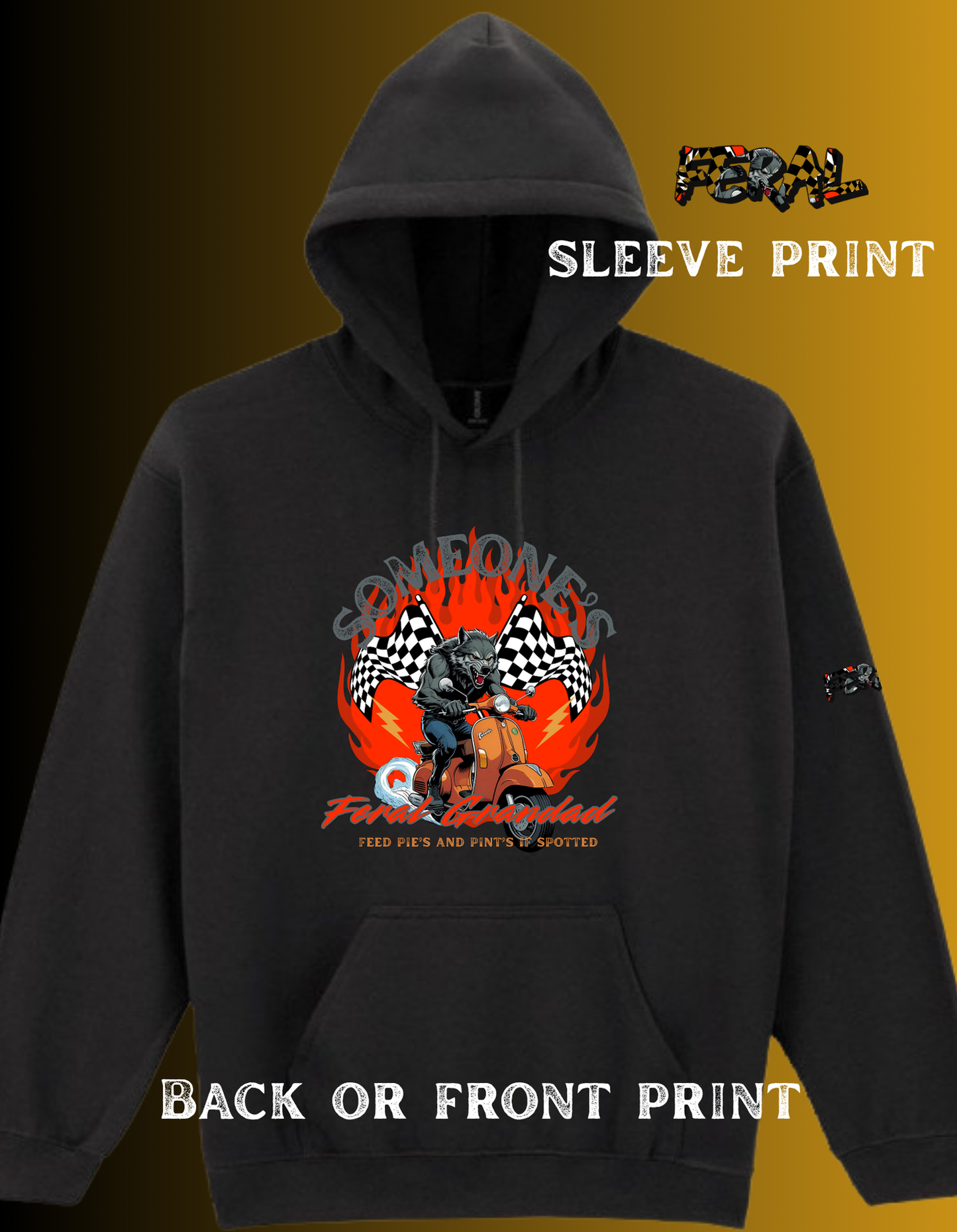 Someone’s Feral Grandad Hoodie – Flames Funny Werewolf Scooter Hoodie| Feral Flames collection