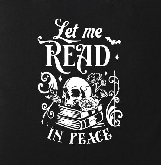 Let Me Read in Peace Tote Bag – Gothic Book Tote with Skull Design – Bookish Gift for Readers – Dark Academia Eco Cotton Bag – Black & Orange Handles
