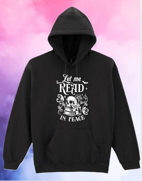 Let Me Read in Peace Hoodie – Gothic Book Lover Gift – Cosy Black Skull Hoodie for Readers – Dark Academia Bookish Hoodie