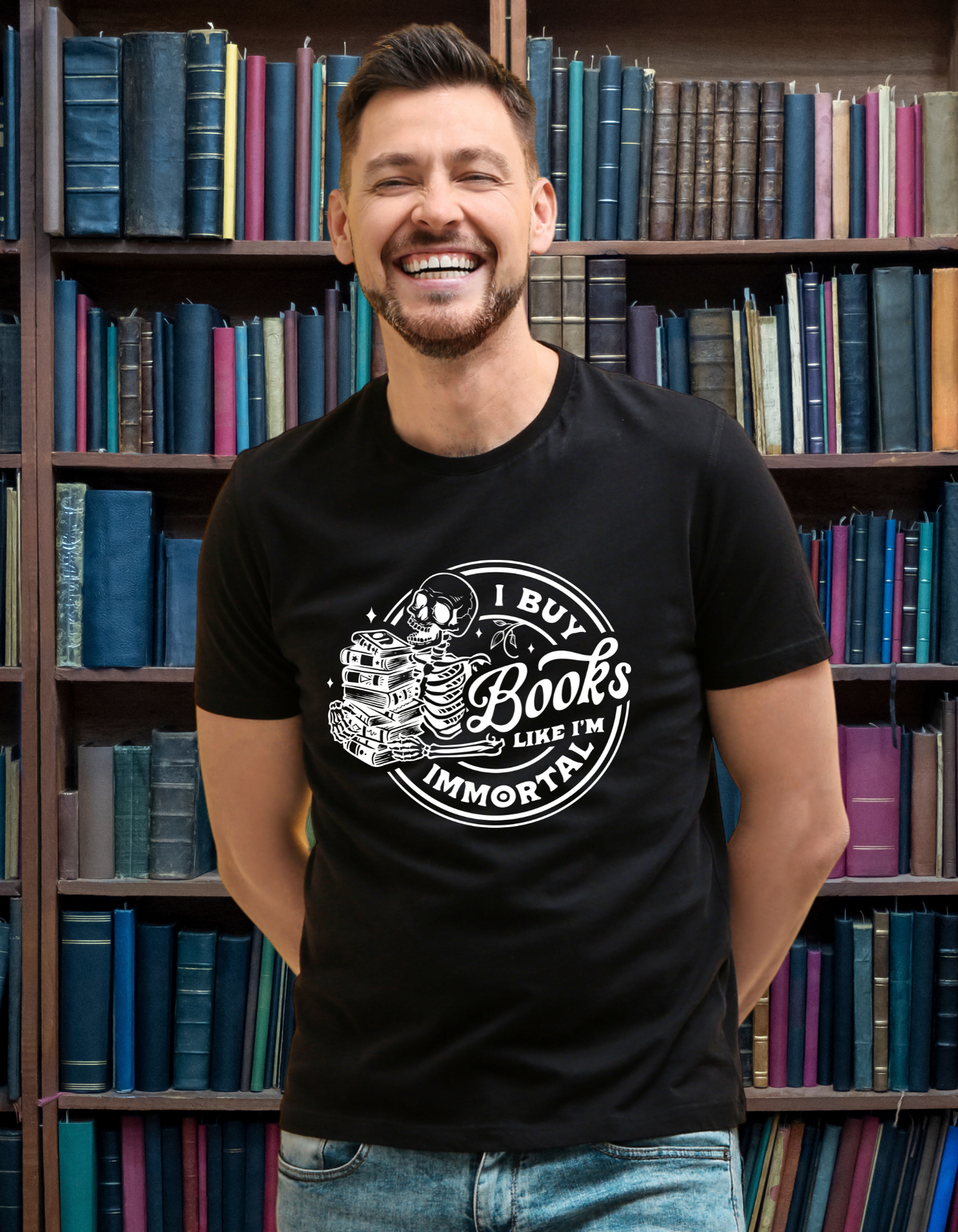 I Buy Books Like I’m Immortal T-shirt – Gothic Skull – Bookish Gift for Readers