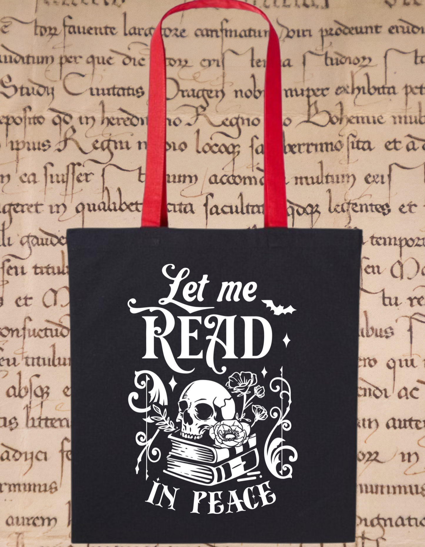 Let Me Read in Peace Tote Bag β Gothic Book Tote with Skull Design β Bookish Gift for Readers β Dark Academia Eco Cotton Bag β Black & Orange Handles