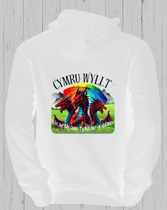 Cymru Wyllt Dragon Hoodie – Welsh Fantasy Hoodie – Rainbow Mythical Hoodie – Hiraeth Quote Unisex Sweatshirt – Welsh Gift