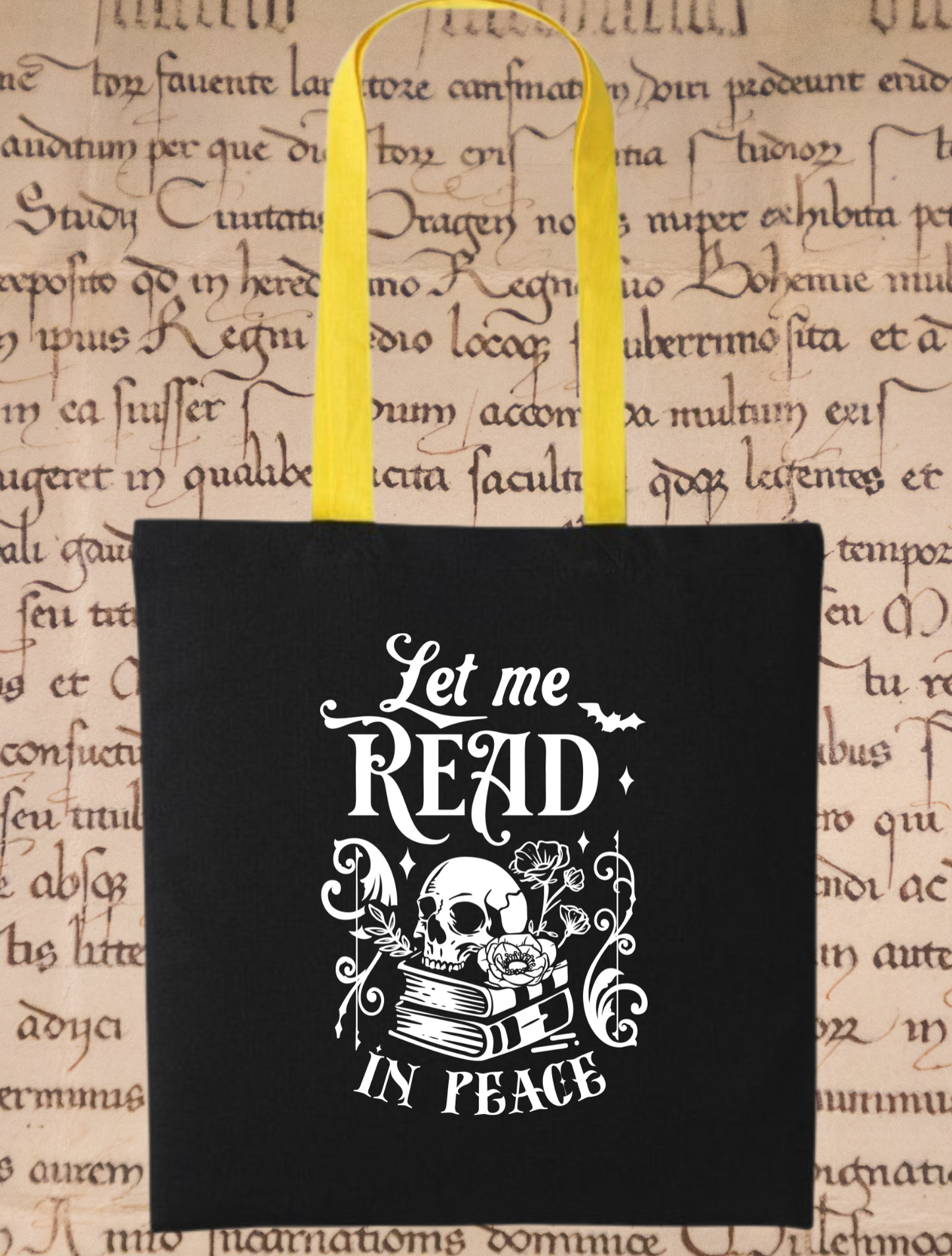 Let Me Read in Peace Tote Bag β Gothic Book Tote with Skull Design β Bookish Gift for Readers β Dark Academia Eco Cotton Bag β Black & Orange Handles