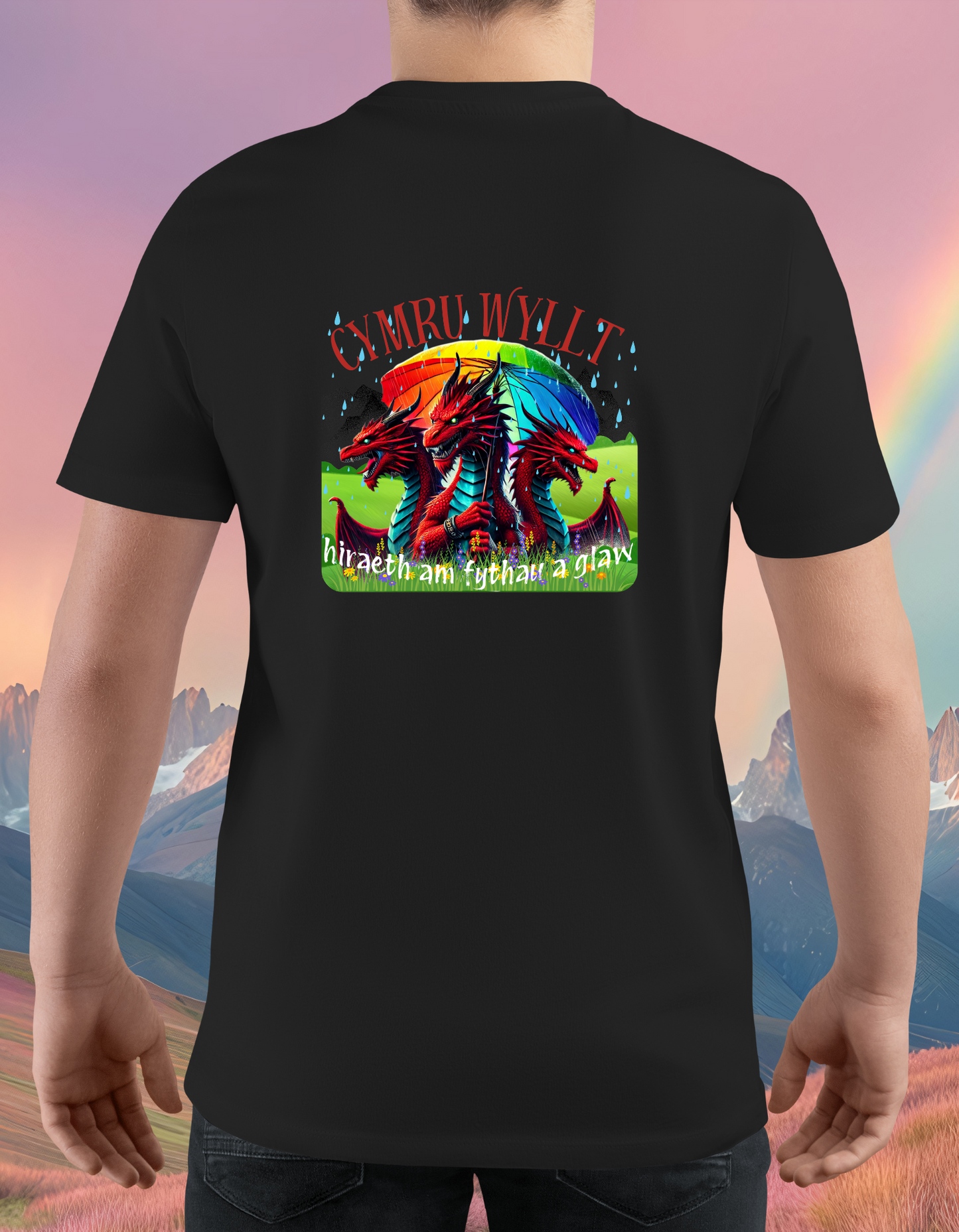 Cymru Wyllt Dragon Hoodie – Welsh Fantasy T-shirt – Rainbow Mythical T-shirt – Hiraeth Quote Unisex 100% cotton – Welsh Gift