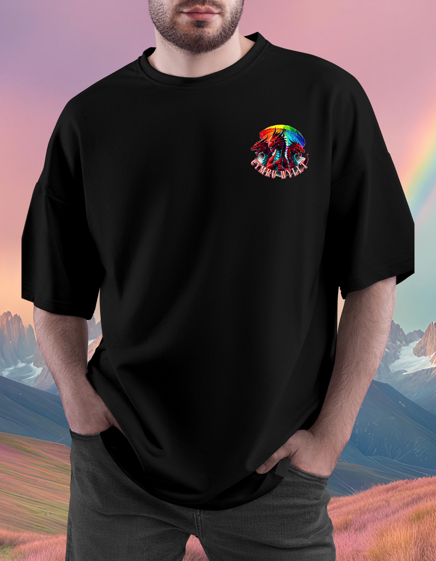 Cymru Wyllt Dragon Hoodie – Welsh Fantasy T-shirt – Rainbow Mythical T-shirt – Hiraeth Quote Unisex 100% cotton – Welsh Gift
