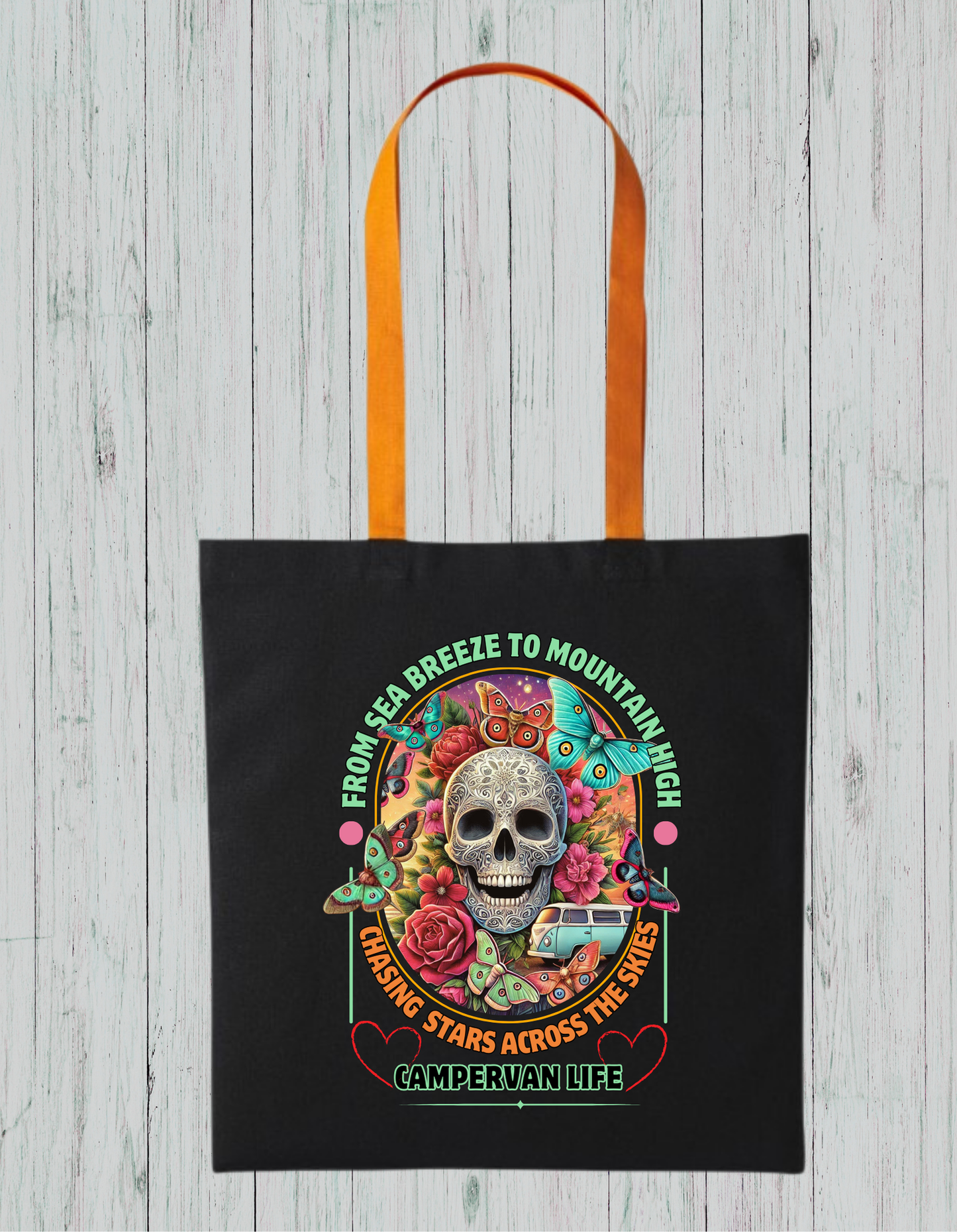 Campervan Life Tote Bag – Gothic Boho Skull & Butterflies Eco Bag – Van life Gift for Travelers – 100% Cotton – Festival Hippie Vibe