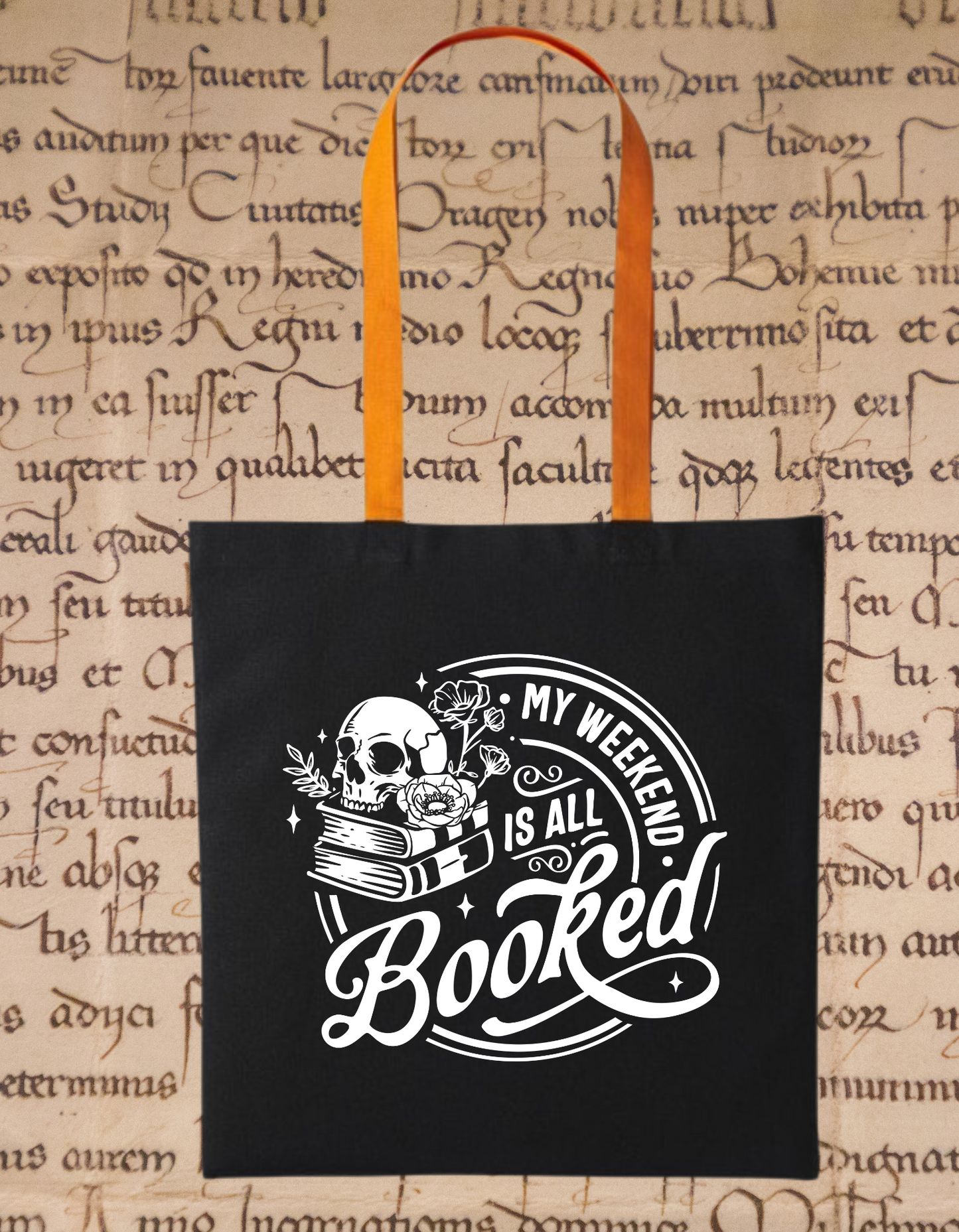 "My Weekend Is All Booked" Tote Bag – Gothic Dark Academia Bookish Skull Floral Tote – Eco-Friendly Cotton Book Lover Gift – Black with Yellow Handles