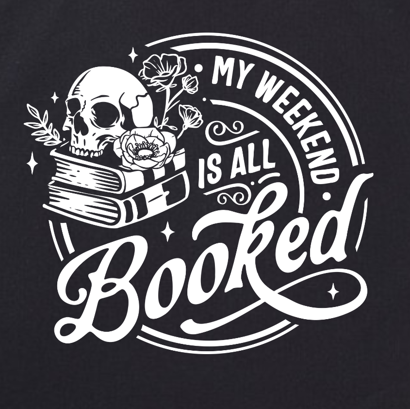 "My Weekend Is All Booked" Tote Bag – Gothic Dark Academia Bookish Skull Floral Tote – Eco-Friendly Cotton Book Lover Gift – Black with Orange Handles