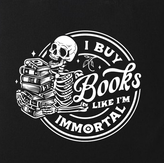 I Buy Books Like I’m Immortal Tote Bag – Gothic Skull Book Bag – Bookish Gift for Readers – Eco Cotton Tote for Book Addicts – Black & Orange Handles