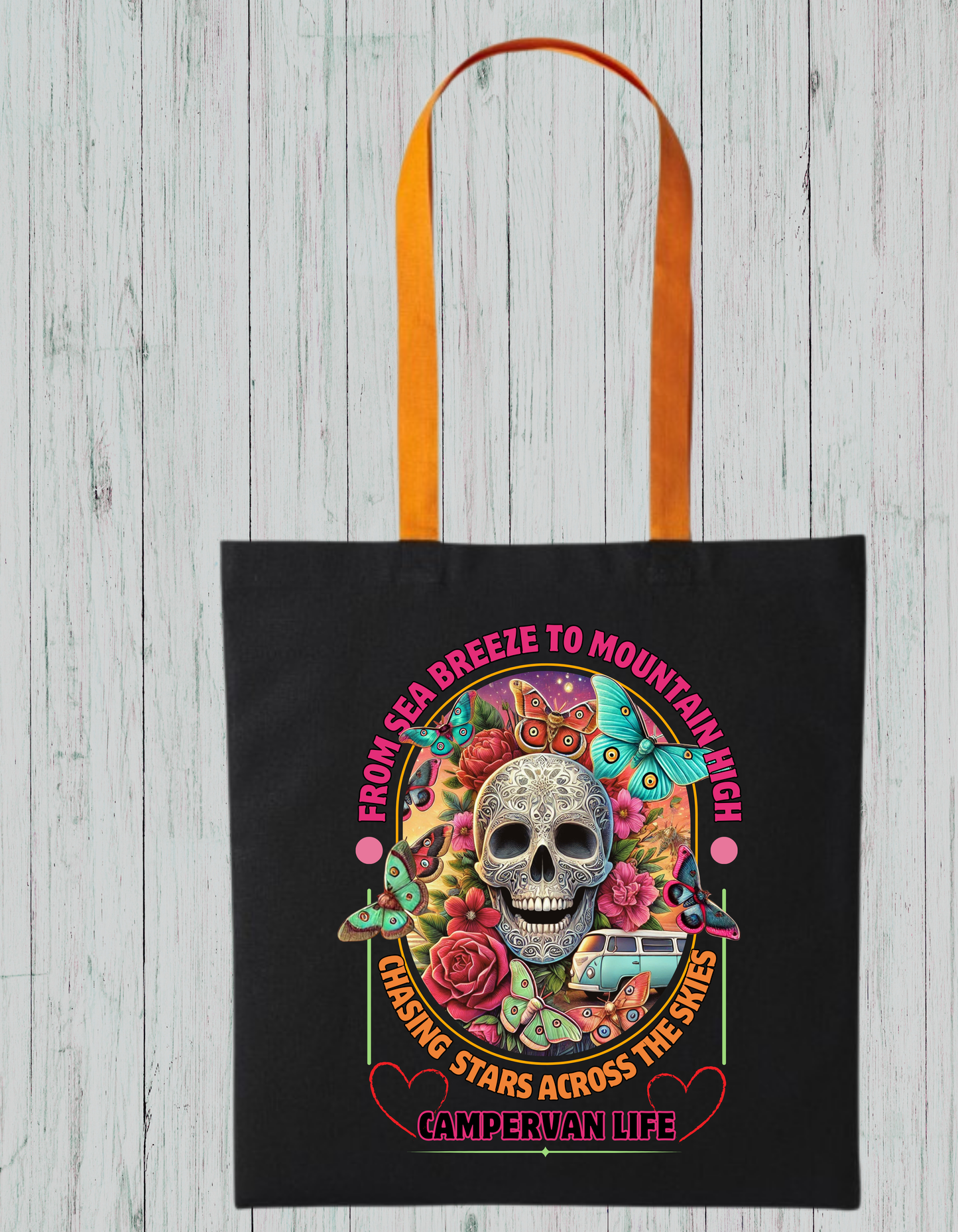 Campervan Life Tote Bag – Gothic Boho Skull & Butterflies Eco Bag – Van life Gift for Travelers – 100% Cotton – Festival Hippie Vibe