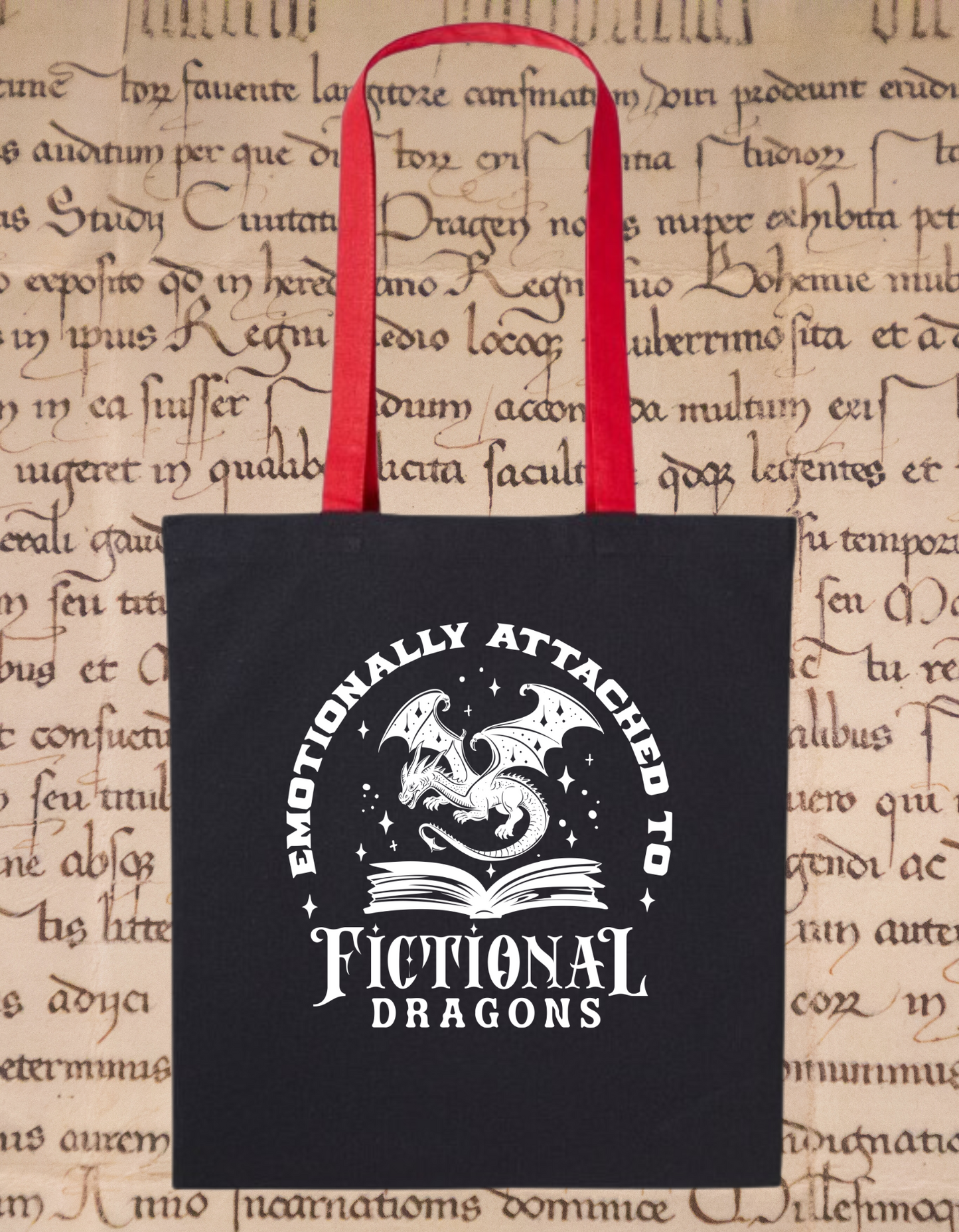 Emotionally Attached to Fictional Dragons Tote Bag – Fantasy Book Lover Gift – Dragon Reading Tote – Eco Book Bag – Cotton Bookish Tote Black/Red