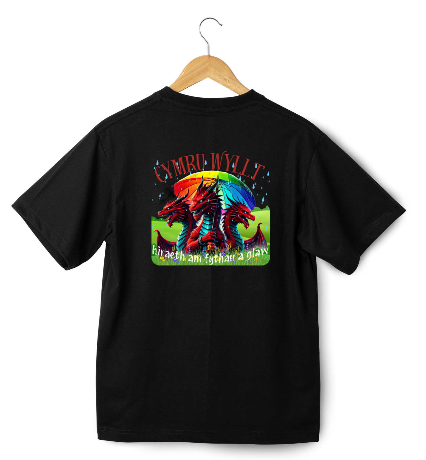 Cymru Wyllt Dragon Hoodie – Welsh Fantasy T-shirt – Rainbow Mythical T-shirt – Hiraeth Quote Unisex 100% cotton – Welsh Gift