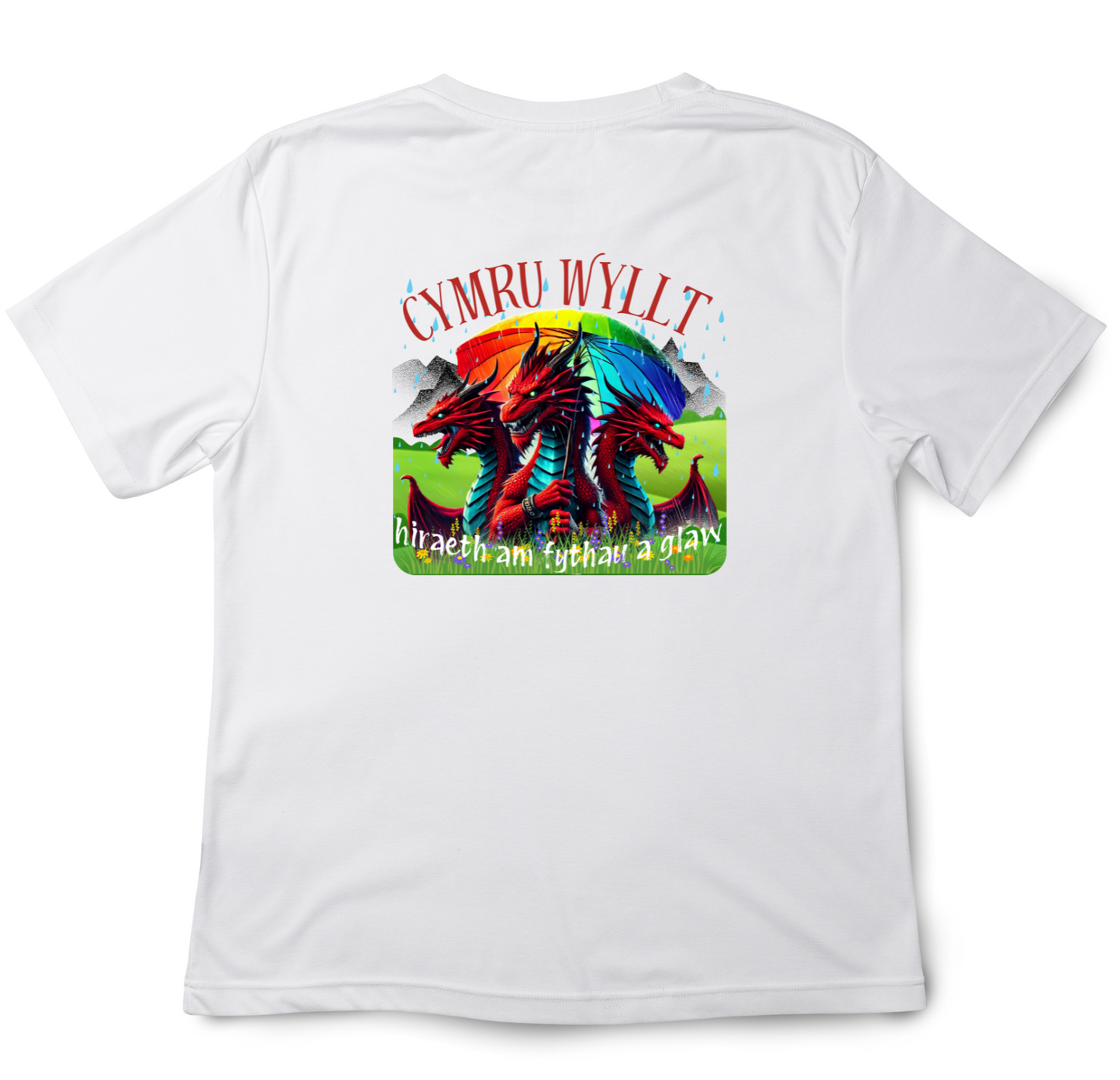 Cymru Wyllt Dragon Hoodie – Welsh Fantasy T-shirt – Rainbow Mythical T-shirt – Hiraeth Quote Unisex 100% cotton – Welsh Gift