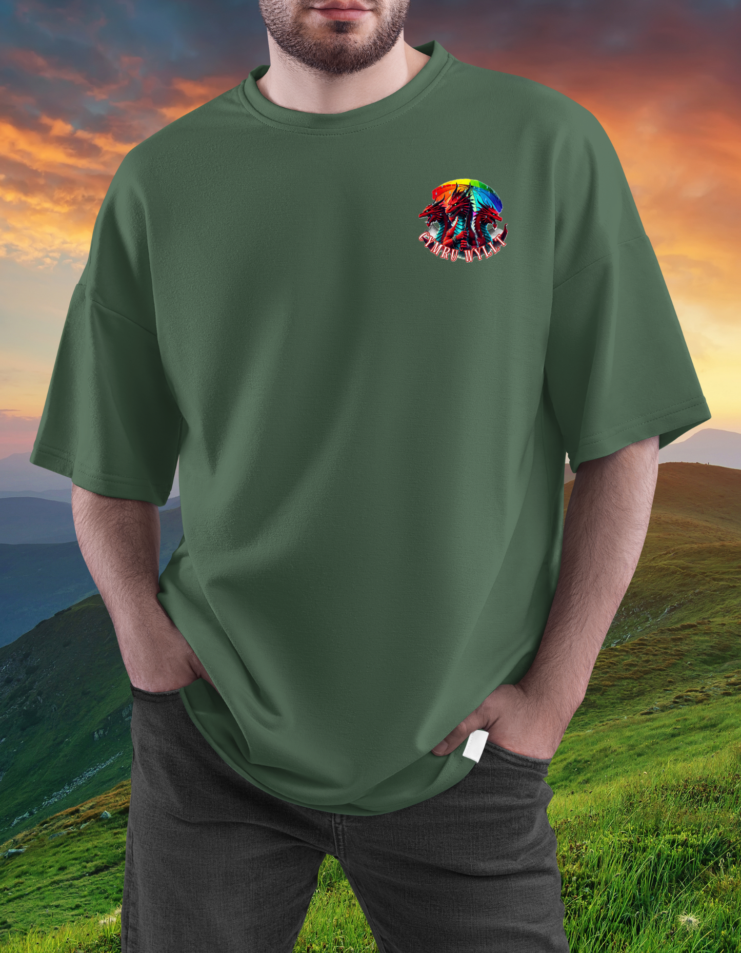 Cymru Wyllt Dragon Hoodie – Welsh Fantasy T-shirt – Rainbow Mythical T-shirt – Hiraeth Quote Unisex 100% cotton – Welsh Gift