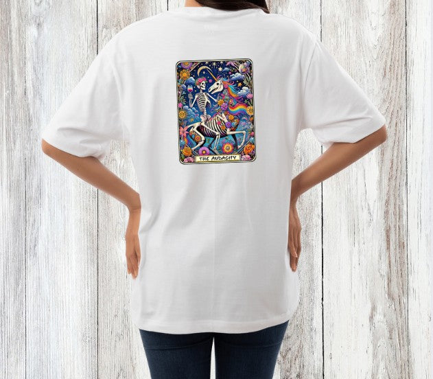 The Audacity | 100% Softstyle Cotton Tee | Skeleton & Unicorn Cosmic Tarot