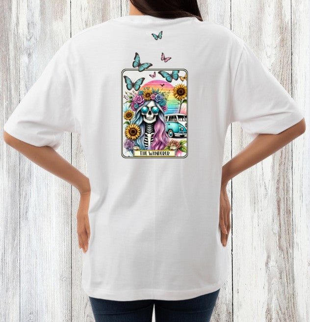 The Wanderer | 100% Softstyle Cotton T-shirt | Boho Skeleton & Van Tarot Art