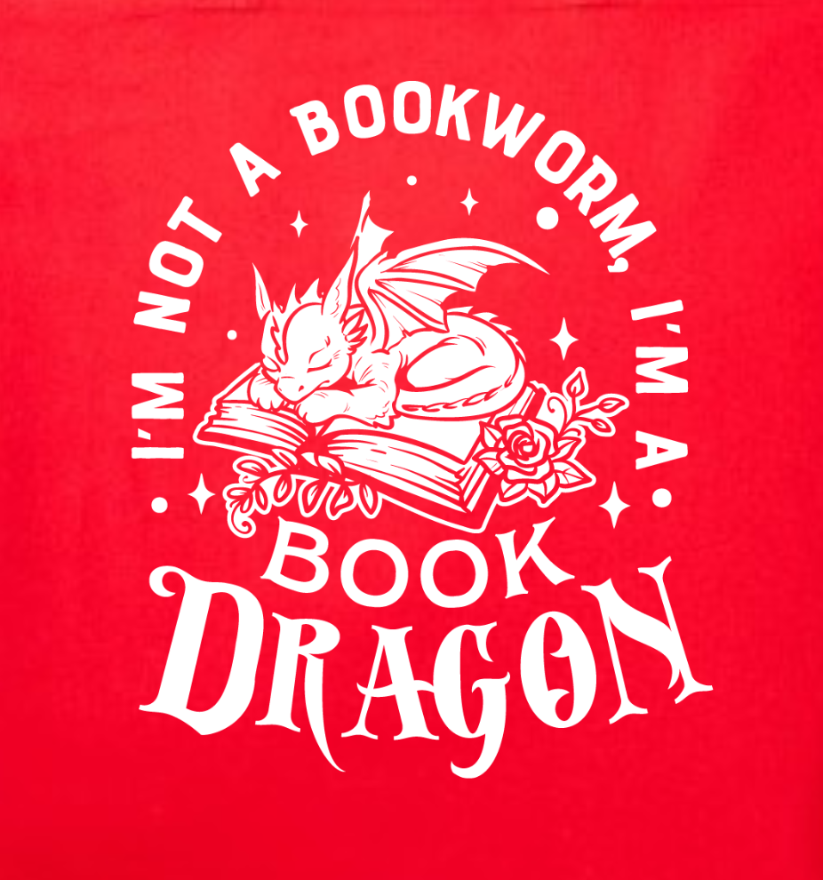 “Book Dragon” Tote Bag – Red & Black Handles | Cute Fantasy Tote for Book Lovers | Dragon Bookish Gift | Reader Humour Bag