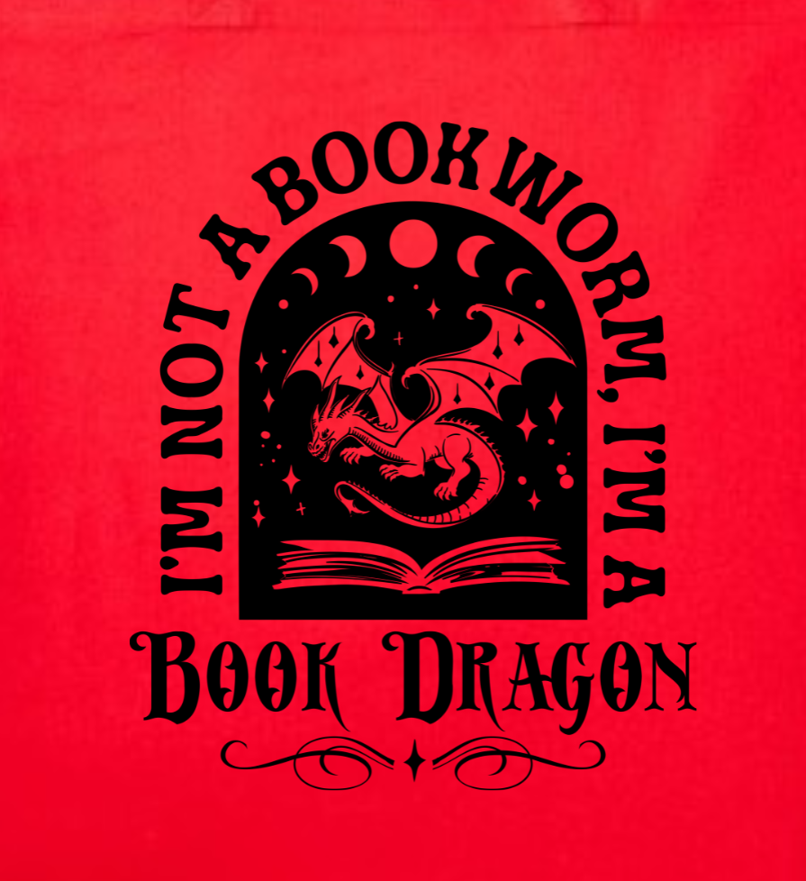 Book Dragon Tote Bag – Gothic Fantasy Tote with Moon Phases | Book Lover Gift | Dragon Book Bag | Witchy Reader Aesthetic Red/Black