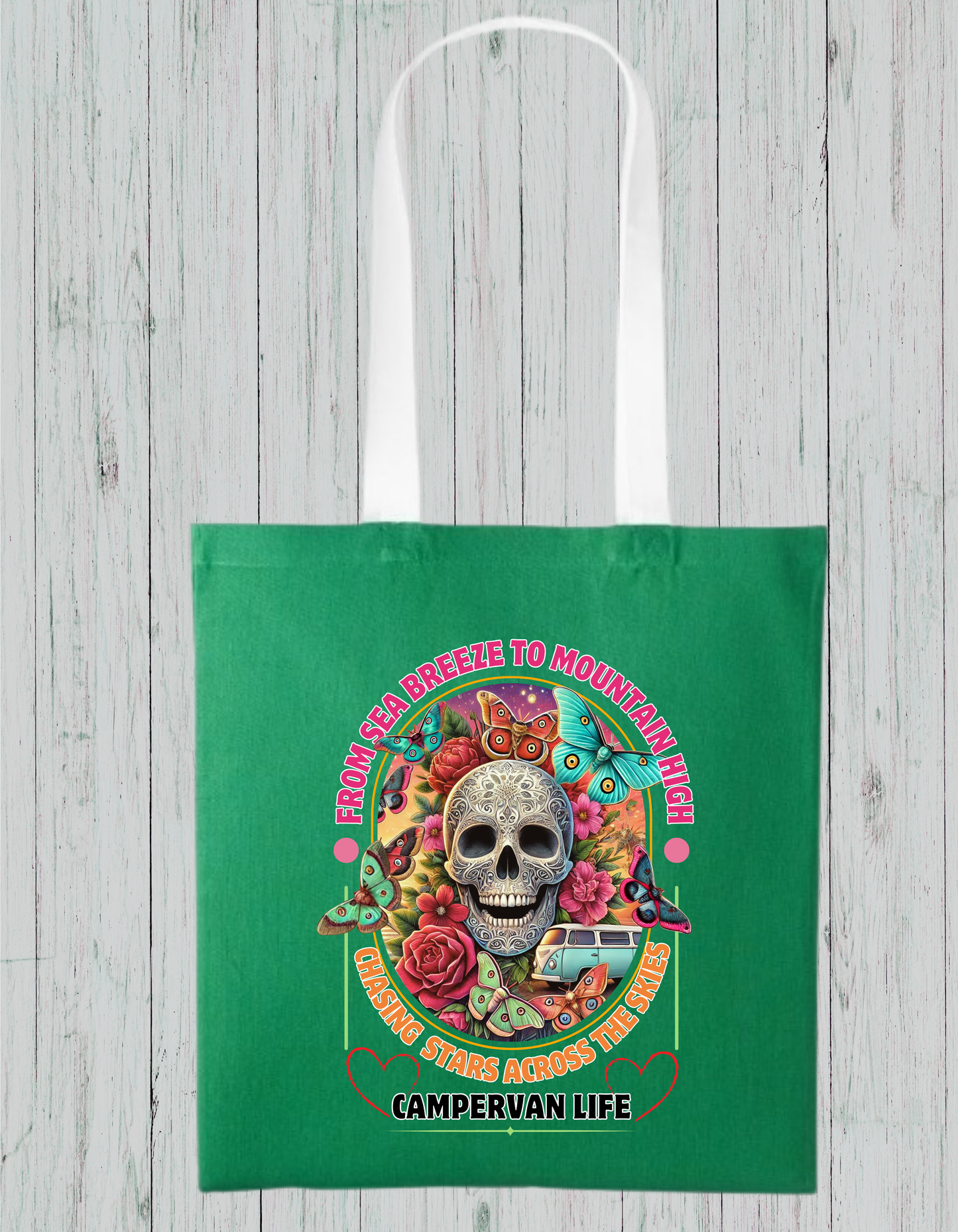 Campervan Life Tote Bag – Gothic Boho Skull & Butterflies Eco Bag – Van life Gift for Travelers – 100% Cotton – Festival Hippie Vibe