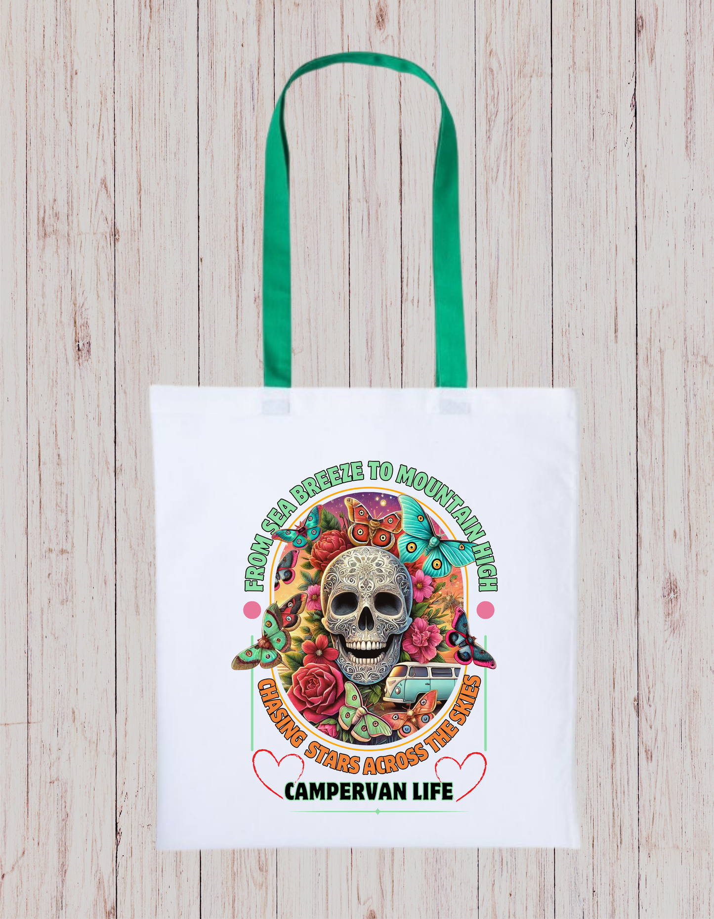 Campervan Life Tote Bag – Gothic Boho Skull & Butterflies Eco Bag – Van life Gift for Travelers – 100% Cotton – Festival Hippie Vibe