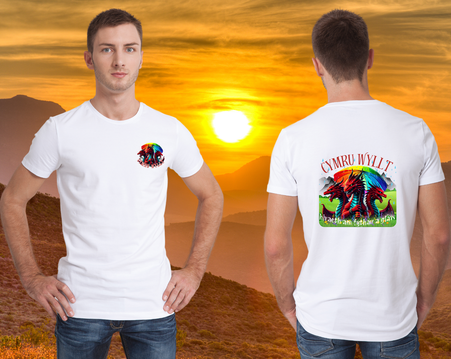 Cymru Wyllt Dragon Hoodie – Welsh Fantasy T-shirt – Rainbow Mythical T-shirt – Hiraeth Quote Unisex 100% cotton – Welsh Gift