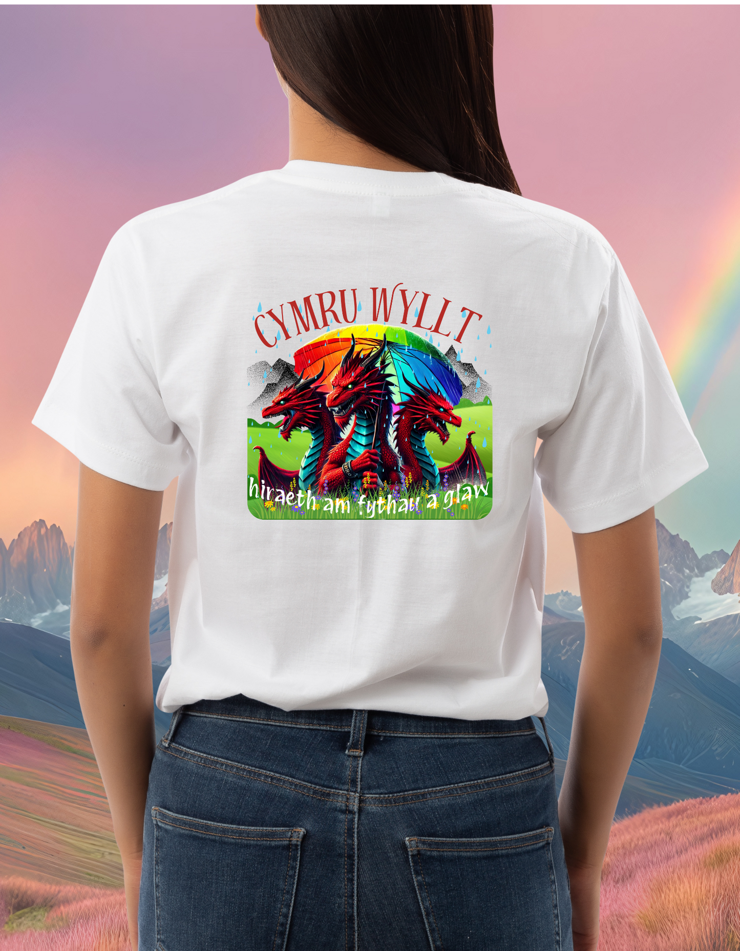 Cymru Wyllt Dragon Hoodie – Welsh Fantasy T-shirt – Rainbow Mythical T-shirt – Hiraeth Quote Unisex 100% cotton – Welsh Gift