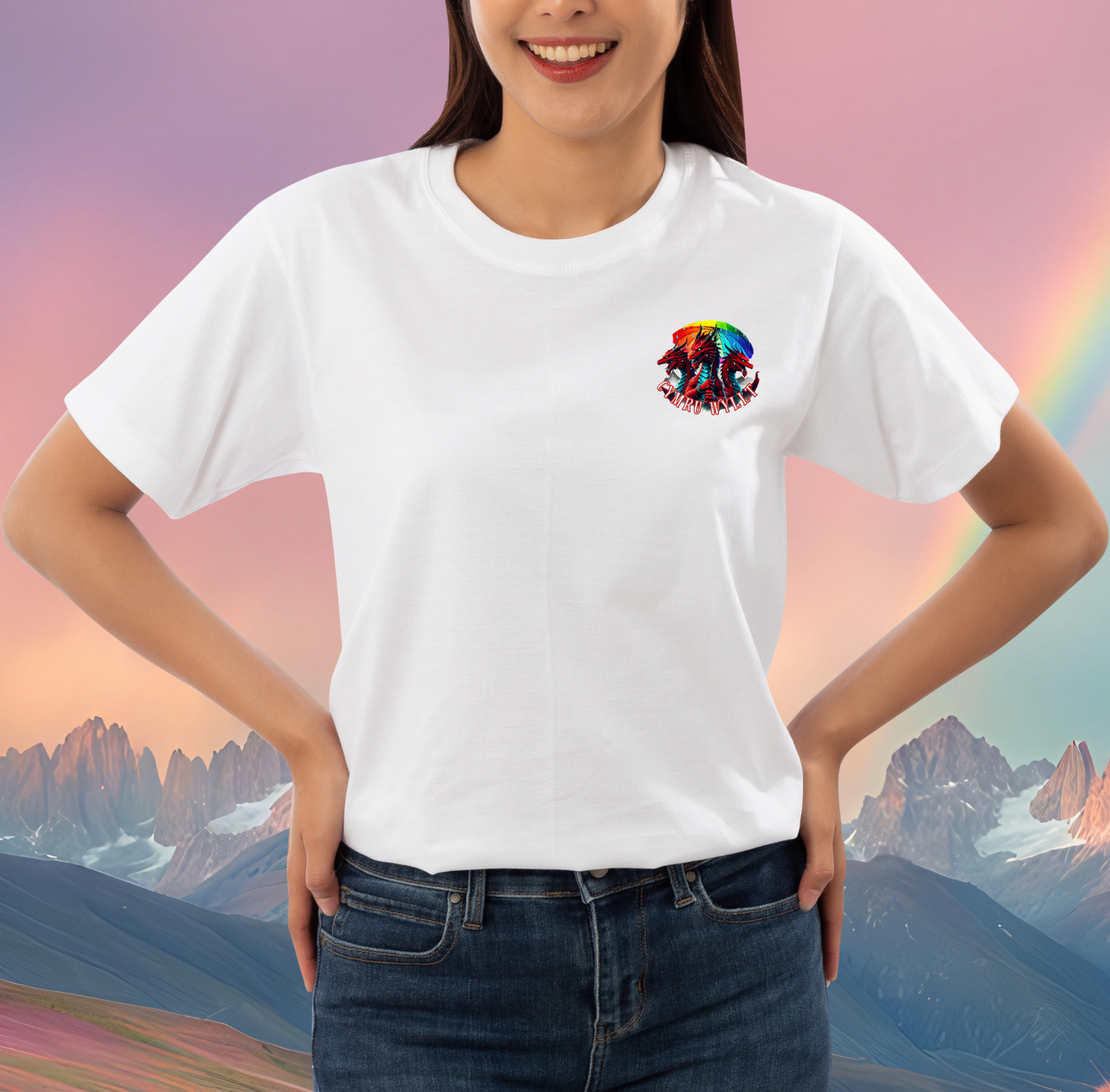 Cymru Wyllt Dragon Hoodie – Welsh Fantasy T-shirt – Rainbow Mythical T-shirt – Hiraeth Quote Unisex 100% cotton – Welsh Gift