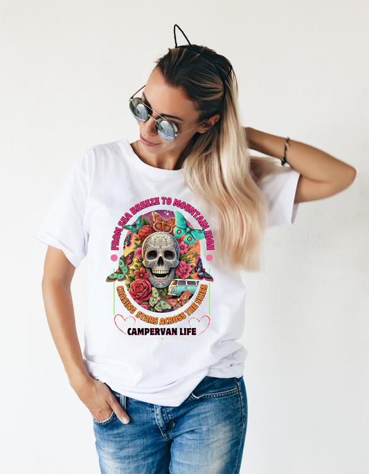 Campervan Life T-Shirt – Gothic Boho Skull & Butterflies T-shirt – Van life T-shirt for Travelers –– Festival Hippie Vibe