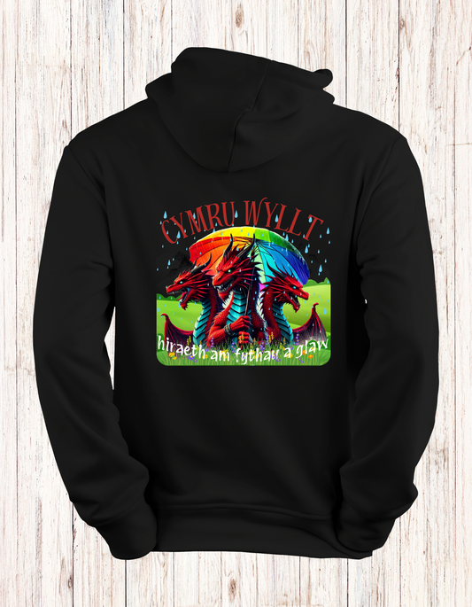 Cymru Wyllt Dragon Hoodie – Welsh Fantasy Hoodie – Rainbow Mythical Hoodie – Hiraeth Quote Unisex Sweatshirt – Welsh Gift