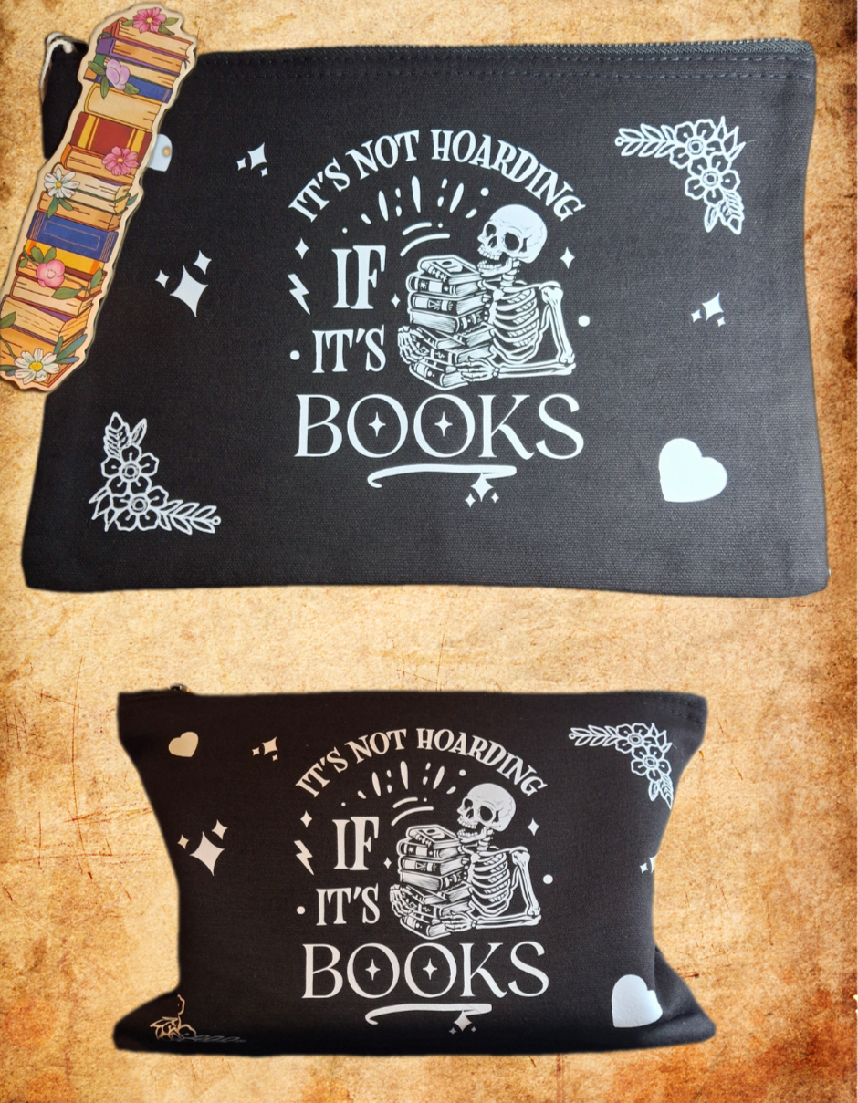"It’s Not Hoarding If It’s Books" Gothic Book Lover Skeleton Accessory Bag – Canvas Pouch