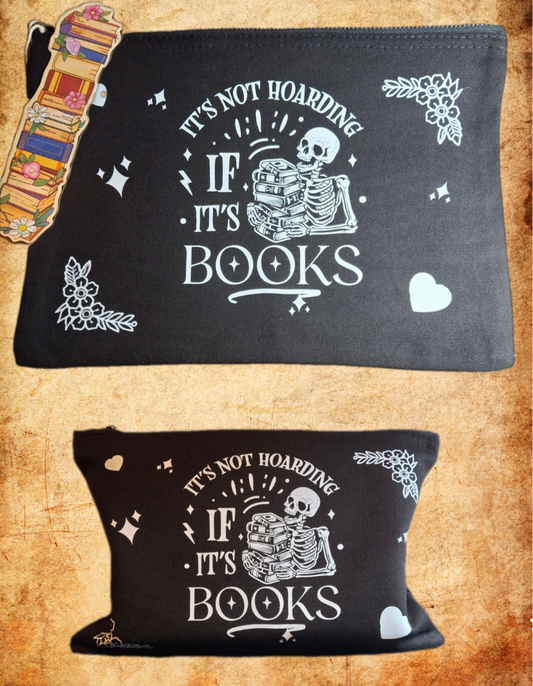 "It’s Not Hoarding If It’s Books" Gothic Book Lover Skeleton Accessory Bag – Canvas Pouch