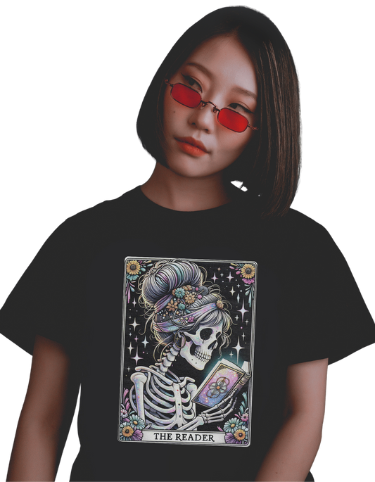 The Reader – Pastel Tarot Skeleton Tee | Gothic Floral Book Lover T-Shirt