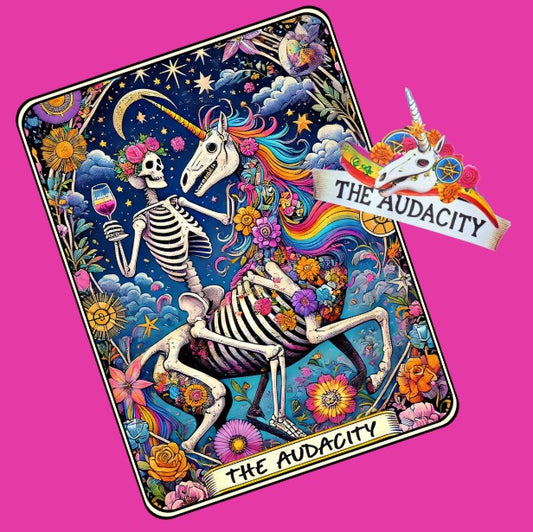 The Audacity | 100% Softstyle Cotton Tee | Skeleton & Unicorn Cosmic Tarot