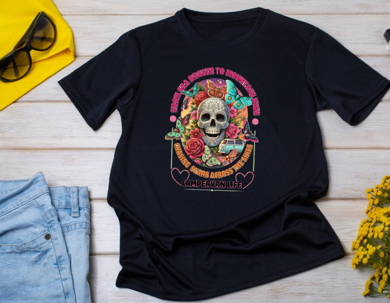 Campervan Life T-Shirt – Gothic Boho Skull & Butterflies T-shirt – Van life T-shirt for Travelers –– Festival Hippie Vibe