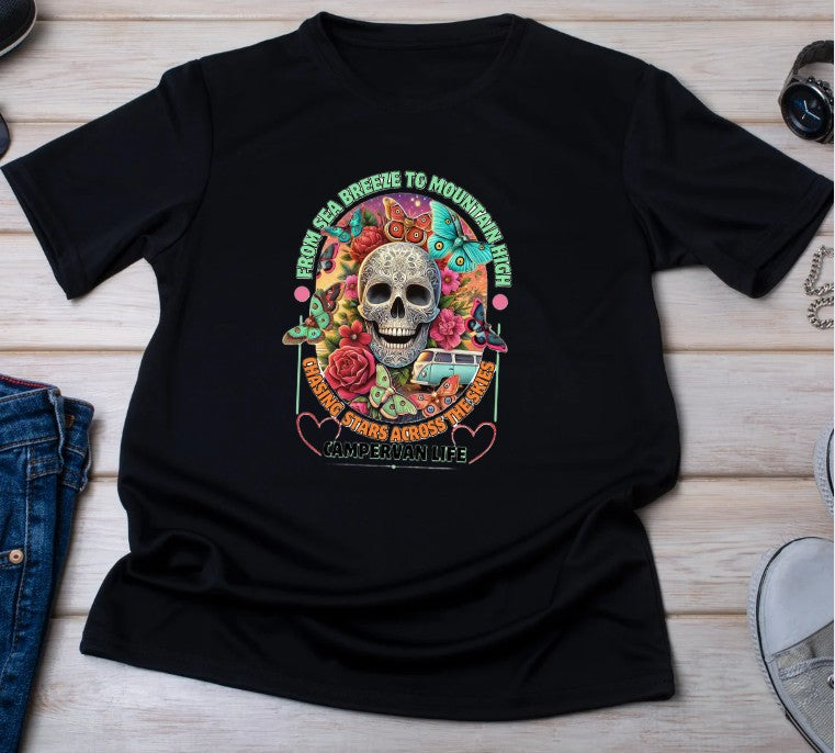 Campervan Life T-Shirt – Gothic Boho Skull & Butterflies T-shirt – Van life T-shirt for Travelers –– Festival Hippie Vibe