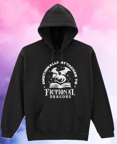 Emotionally Attached to Fictional Dragons Hoodie – Fantasy Book Lover Gift – Black Gothic Hoodie for Readers – Cosy Unisex Bookish Sweatshirt